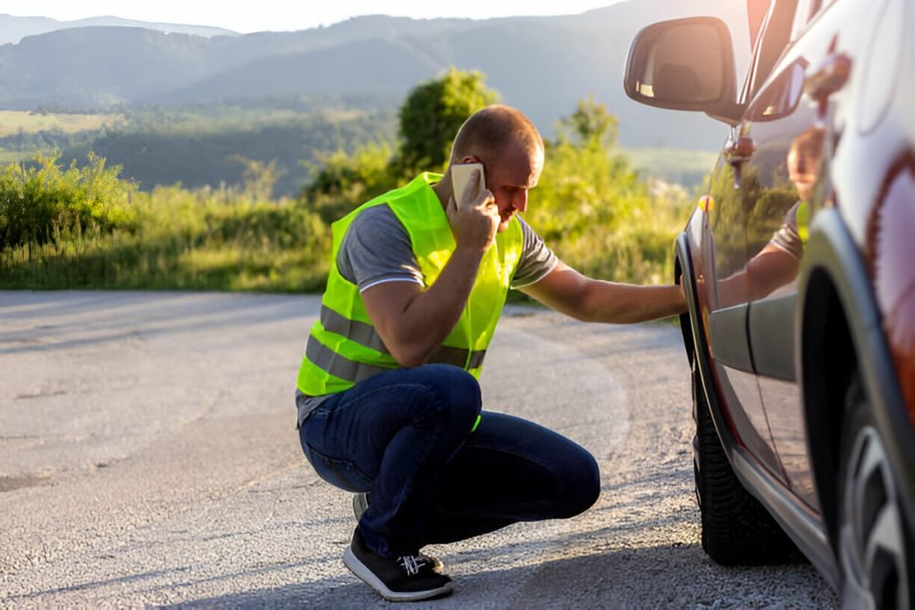 Man in reflective vest calls for flatbed towing services near a car.