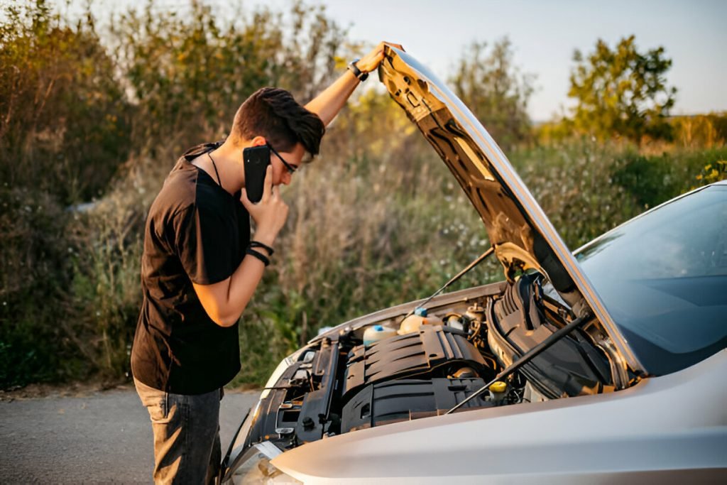 Man on phone by car with hood up, preparing for roadside emergency