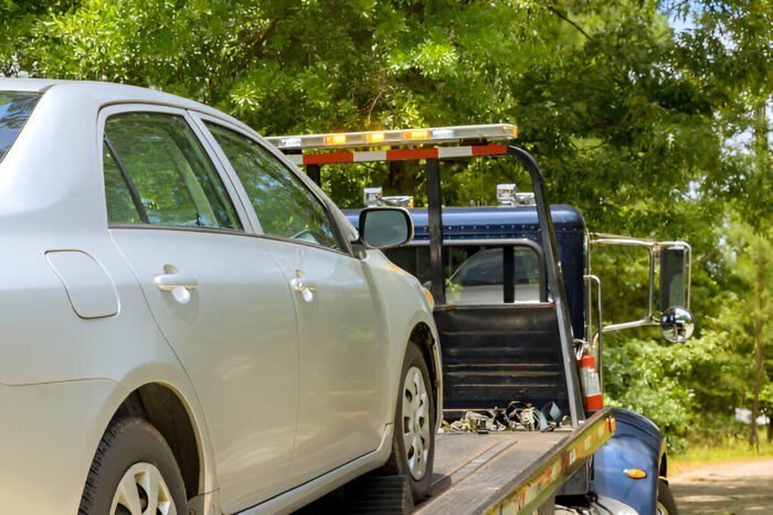 Trusted towing service in Corolla, NC, loading a silver Toyota Corolla onto a flatbed truck.