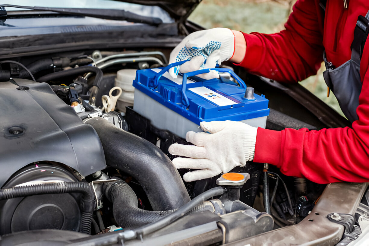 A car mechanic installs a battery in a car