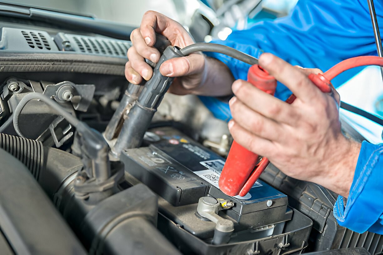 Mechanic attaching jumper cables to a car battery for jump start
