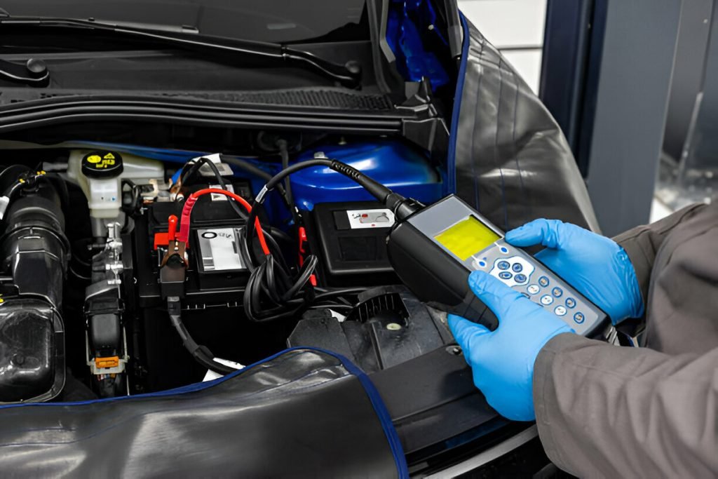Car master mechanic checking and testing automotive battery