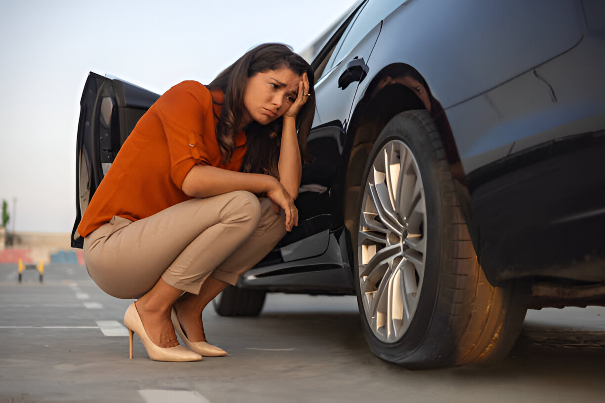 Portrait of a despair woman crouching next to her car with flat tire