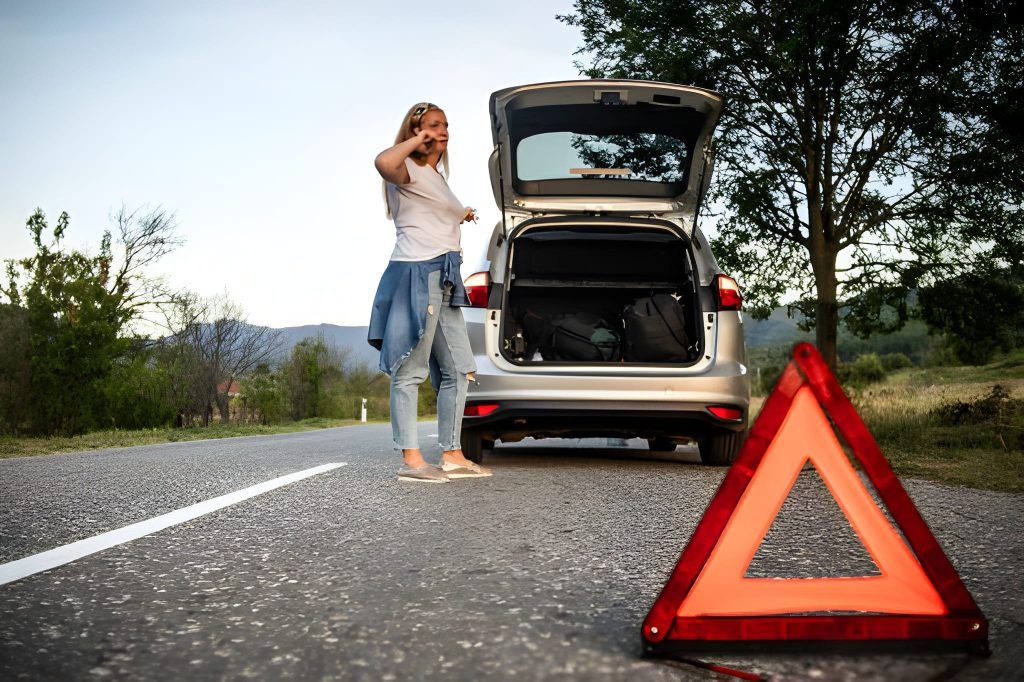 Woman stranded with car trouble, using phone near hazard triangle, needing roadside assistance