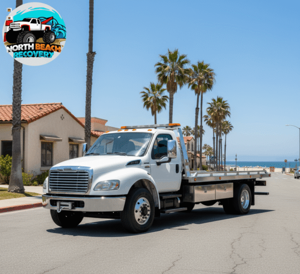 White flatbed tow truck from North Beach Recovery, Corolla, NC