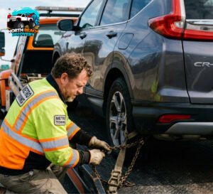 A professional tow truck driver securing a vehicle for transport using chains and straps.