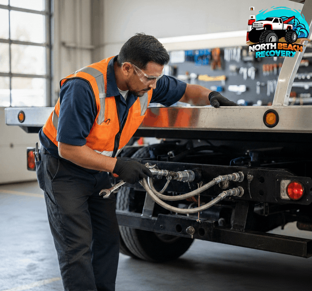 Mechanic repairing hydraulic hoses on tow truck.