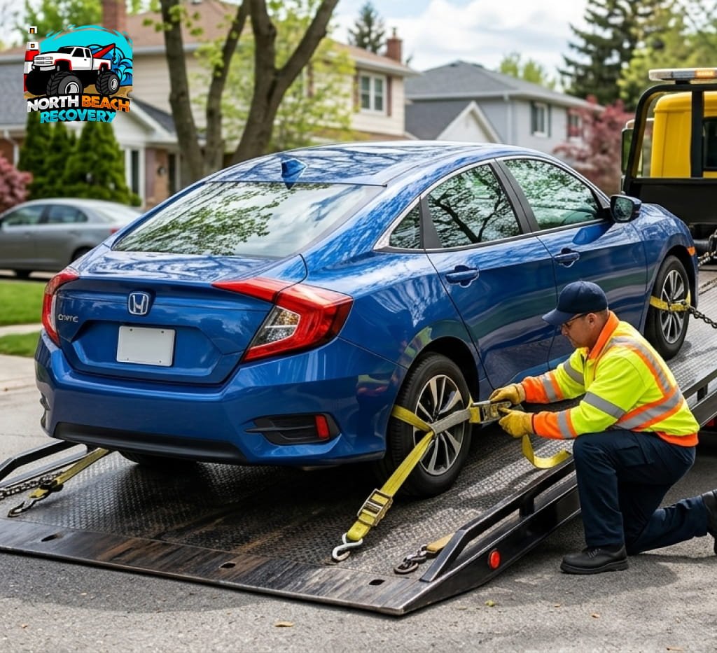 Worker securing blue car to tow truck.