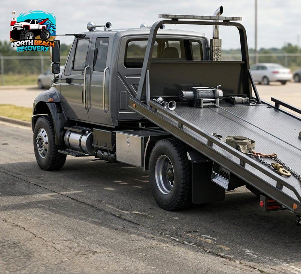 Grey tow truck with winch, ready to tow a vehicle.