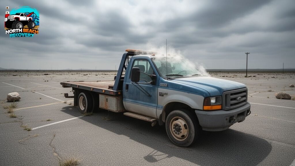 Flatbed_tow_truck_parked_in_a_desolate_parking_lot_on_a_cloudy_day