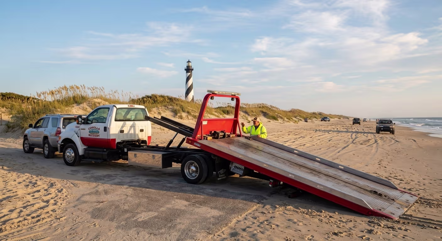 4x4 vehicle recovery on Corolla, NC beach access road