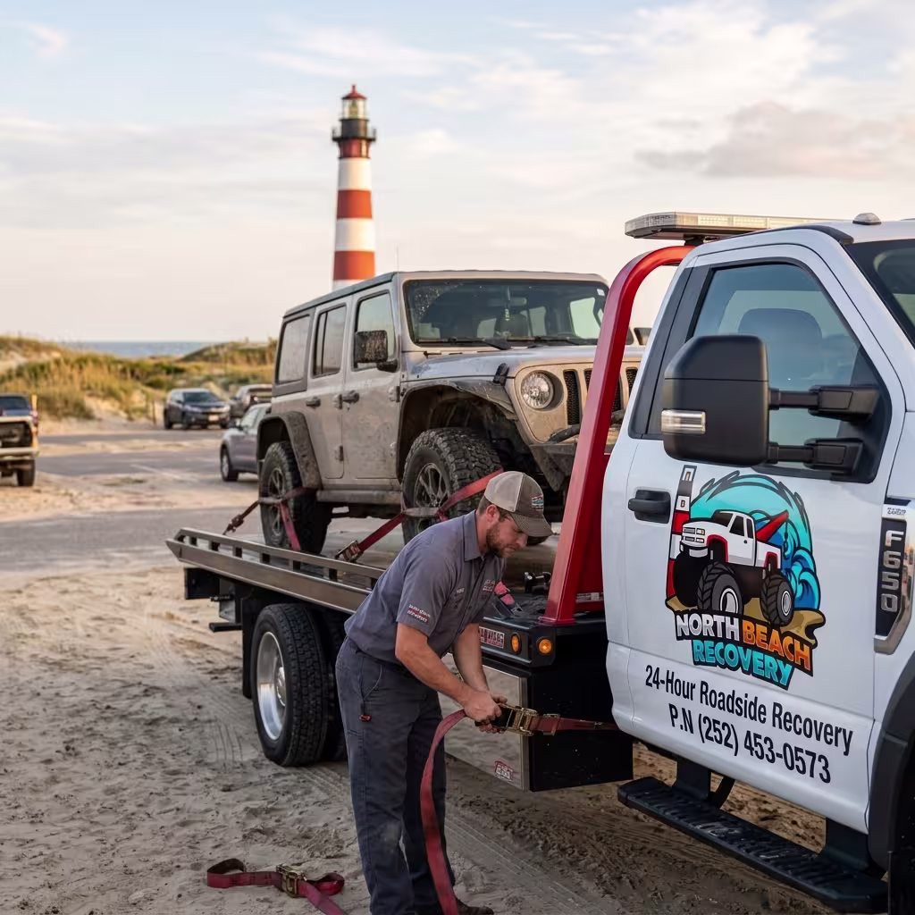 North Beach Recovery flatbed tow truck loading a vehicle in Corolla, NC